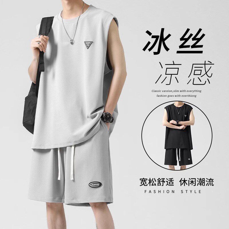 冰丝无袖男t恤休闲宽松速干圆领背心青少年跑步篮球服运动套装