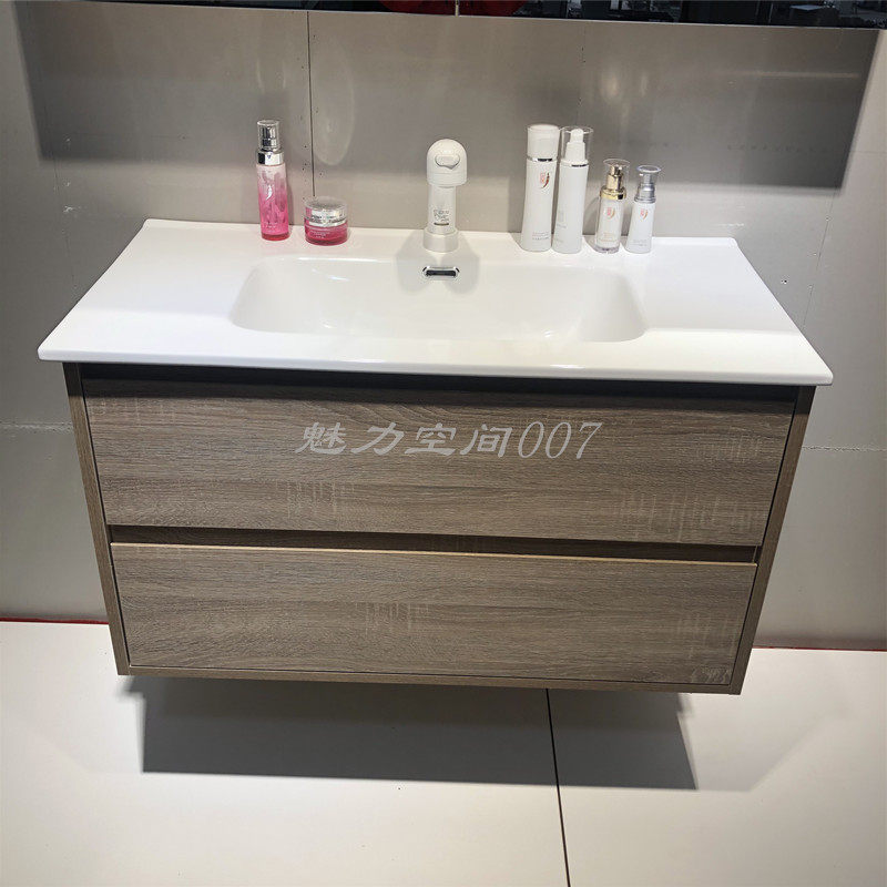 日式挂墙式浴室柜一体陶瓷盆洗脸池多层实木卫浴柜60-120CM