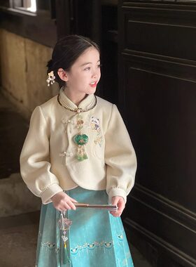 女童汉服冬装套装2023新款初冬款女宝宝夹棉民族风马面裙两件套