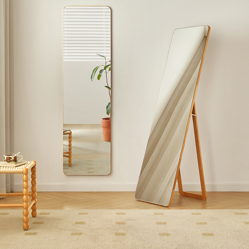 实木落地穿衣镜家用挂墙全身镜卧室置地试衣镜简约贴墙两用大镜子