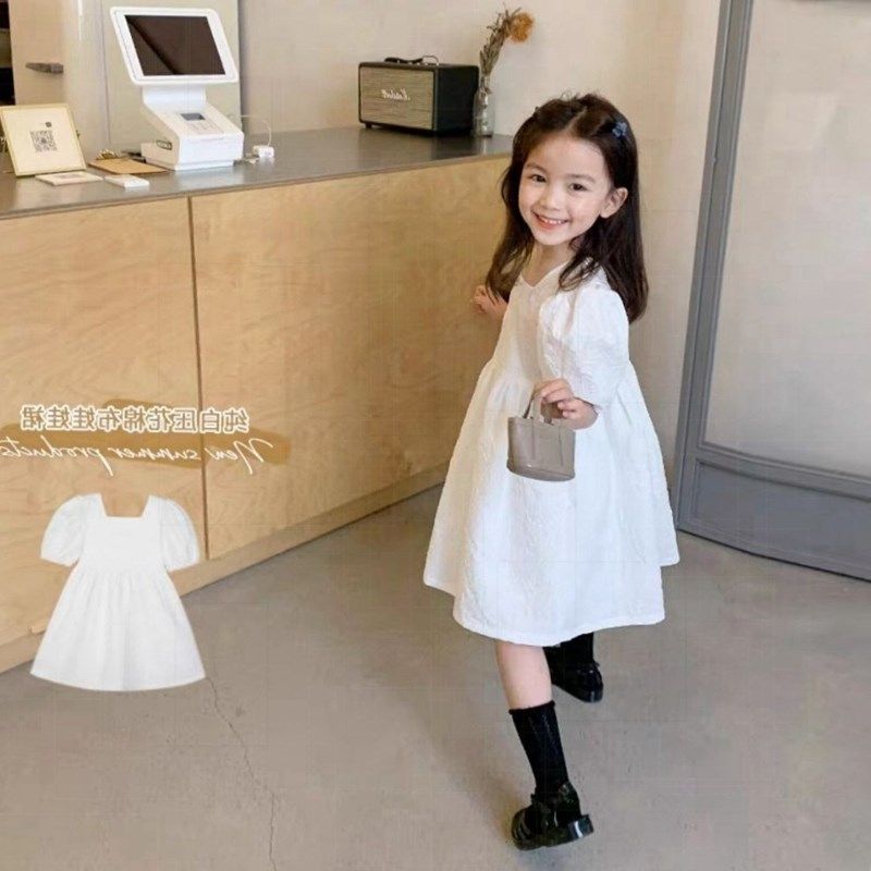 女童纯白压花网红短袖连衣裙夏装儿童洋气韩版女宝宝夏季公主裙子