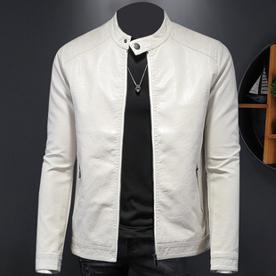 皮尤外套 大码 秋冬休闲立领机车皮衣潮男加绒白色修身 PU皮夹克短款