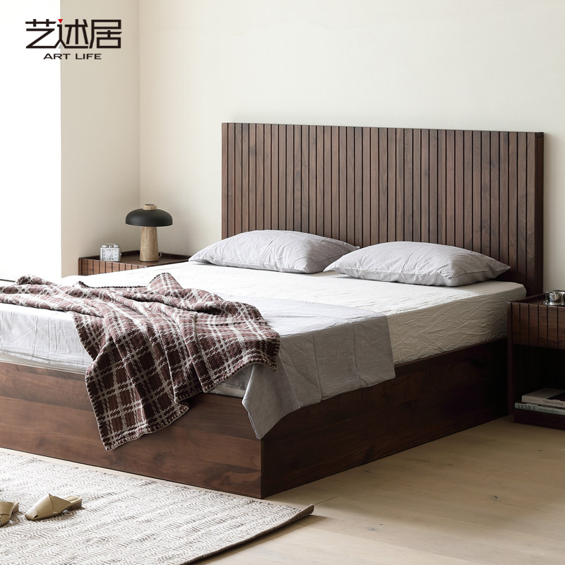 橡木纯实木轻奢大靠背婚床原木黑胡桃木储物床双人气压高箱床主卧