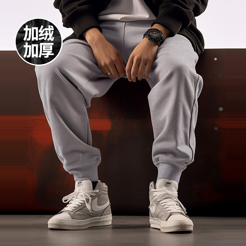 花灰秋冬款男生纯棉卫裤加绒加厚休闲加肥加大码宽松运动裤长裤男