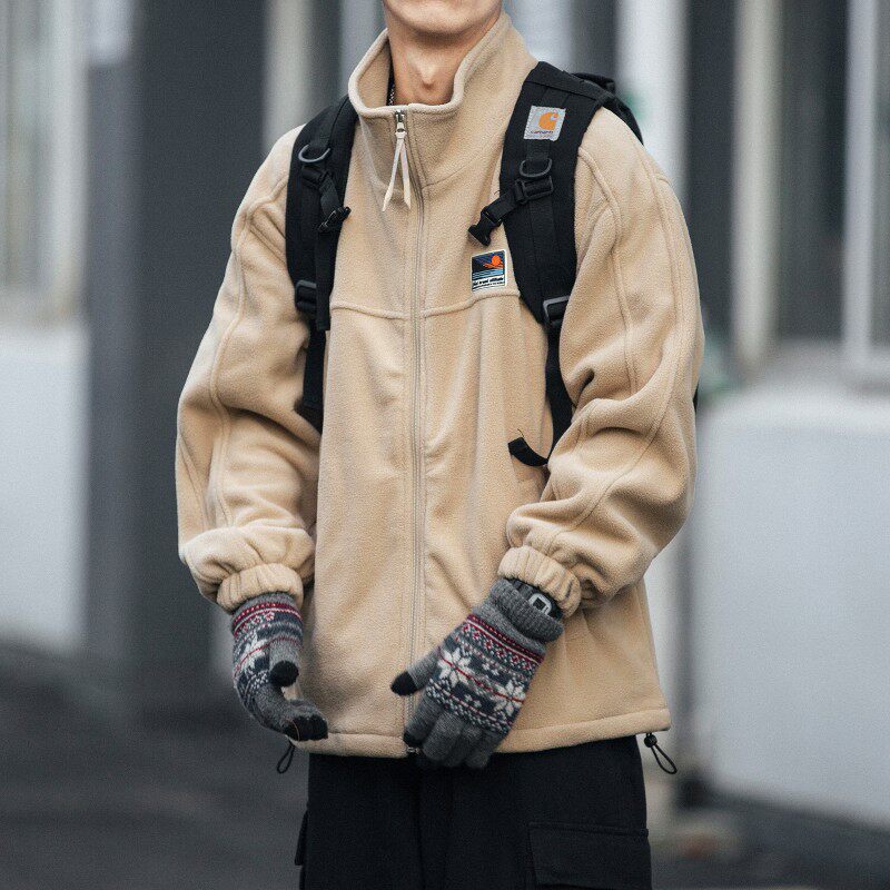 秋冬季摇粒绒开衫棉服男潮牌宽松情侣卫衣男BF风立领休闲上衣外套