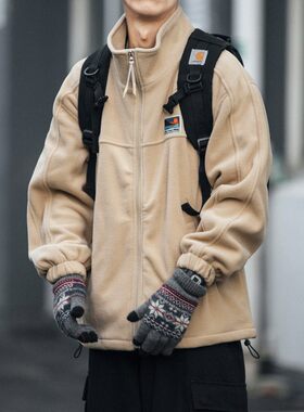 秋冬季摇粒绒开衫棉服男潮牌宽松情侣卫衣男BF风立领休闲上衣外套