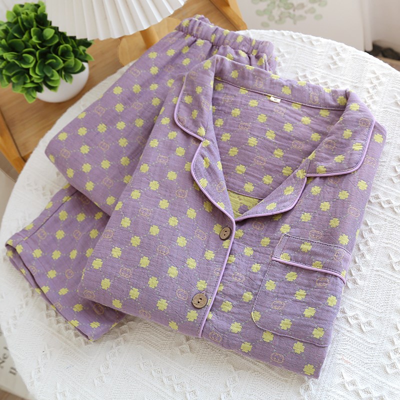 新款纯棉双层纱布睡衣女春秋双面提花复古长袖套装宽松大码家居服