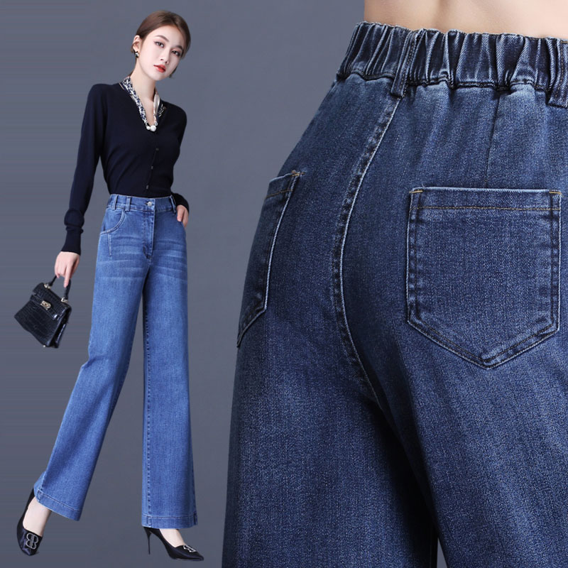 阔腿牛仔裤女春秋2024年新款宽松高腰直筒妈妈裤子松紧腰中年女裤