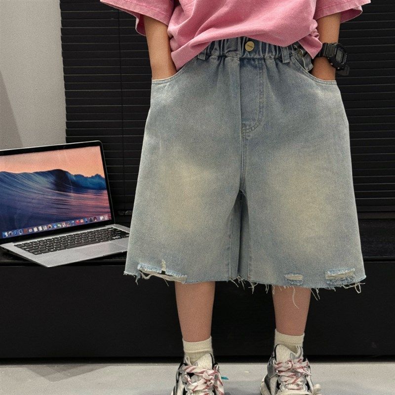男童裤子儿童2024夏季新款韩版纯色破洞牛仔短裤男孩百搭五分裤潮