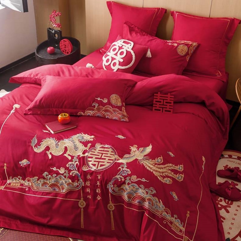 新中式龙凤结婚四件套婚庆红色刺绣纯棉被套被罩床单款婚床上用品