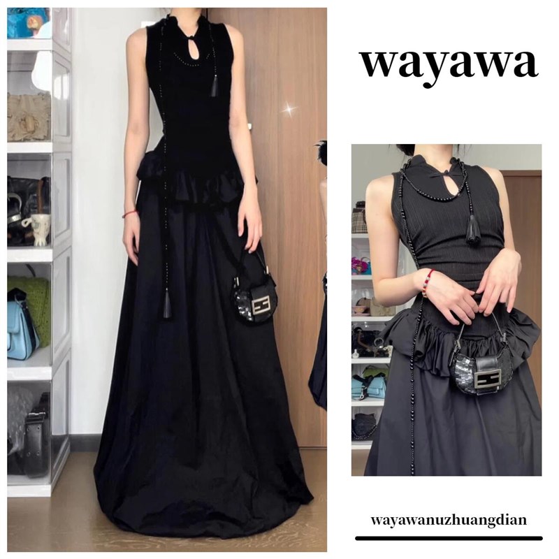 黑色新中式长裙百搭旗袍领荷叶边连衣裙收腰显瘦设计感夏季2024年