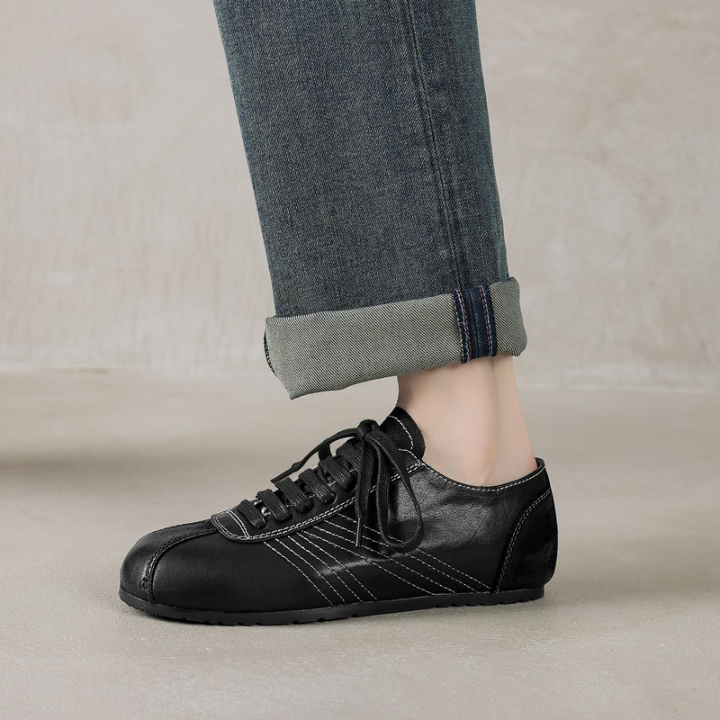 头层牛皮厚底系带小皮鞋复古德训鞋女平底内增高黑色真皮方头单鞋