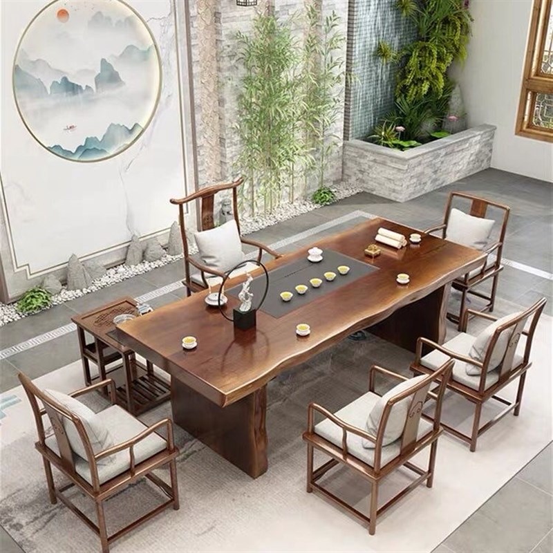 新中式实木大板茶桌乌金石茶盘简约办公室茶台家用客厅茶桌椅组合