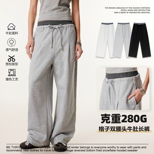 休闲直筒卫裤 运动牛肚休闲裤 男潮 潮牌中性风拼接双腰头阔腿裤 美式