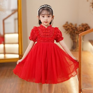 女童连衣裙夏季儿童洋气中国风红色旗袍裙小女孩六一表演纱裙礼服