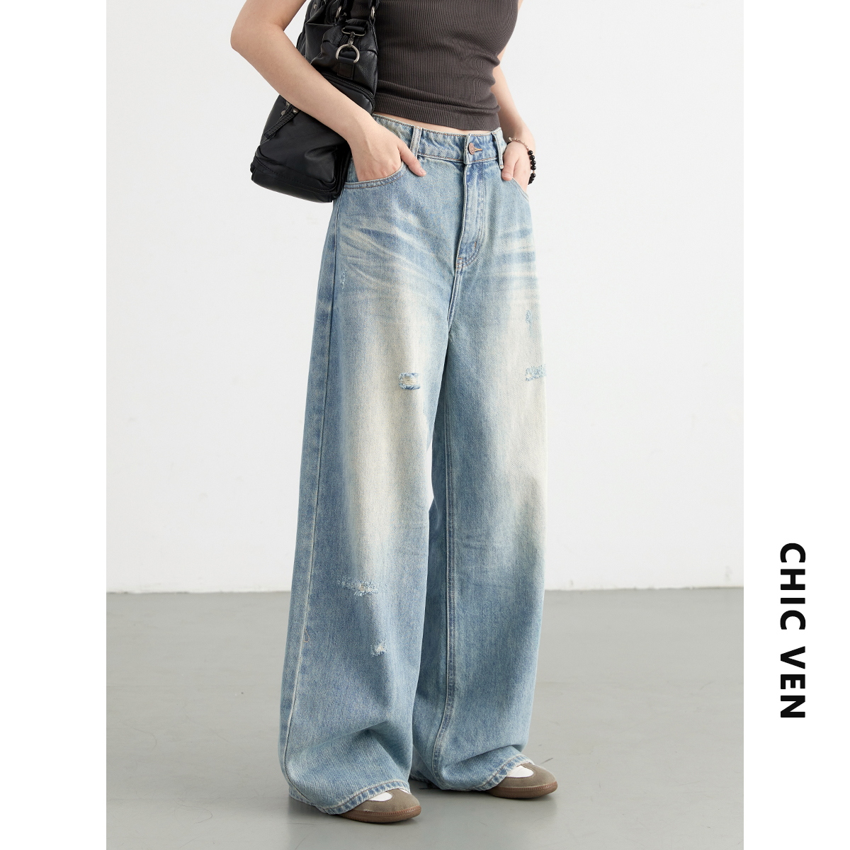 CV大码女装 2024夏季新款磨白高腰猫须破洞直筒牛仔裤阔腿长裤子