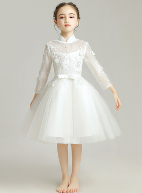 花童礼服公主裙女童白色婚纱儿童钢琴演出服主持人晚礼服洋气秋冬