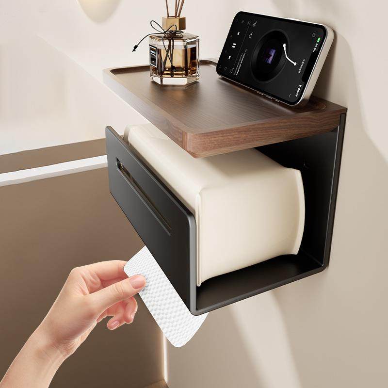 黑胡桃木卫生间纸巾盒置物架壁挂抽纸盒浴室免打孔卷纸厕所厕纸架