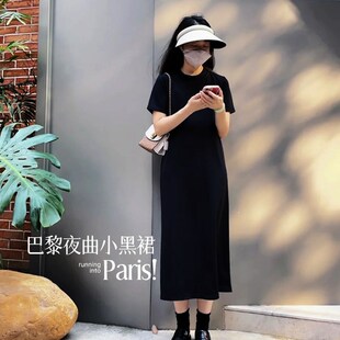 夏季开叉大码显瘦t恤裙胖美眉遮肚连衣裙女小个子纯棉短袖直筒裙