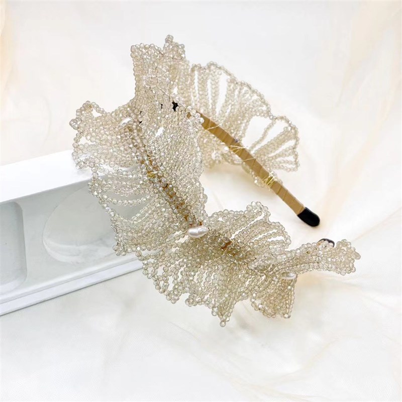 高端重工水晶串珠发箍高级感晶晶石宽边手工编织头箍晚宴新娘发饰
