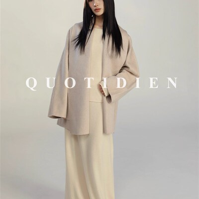 quotidien高克重光泽感水波纹羊毛羊绒经典双面呢翻领大衣