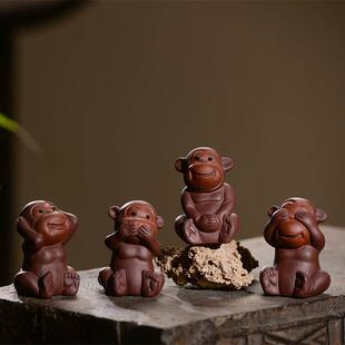 宜兴紫砂茶宠小猴子手工生肖摆件四不猴茶具雕塑大圣孙悟空