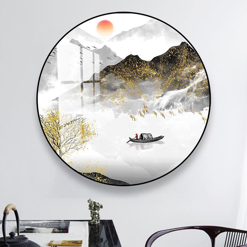新中式装饰画圆形玄关有框画轻奢字画客厅挂画餐厅墙面圆画中国风