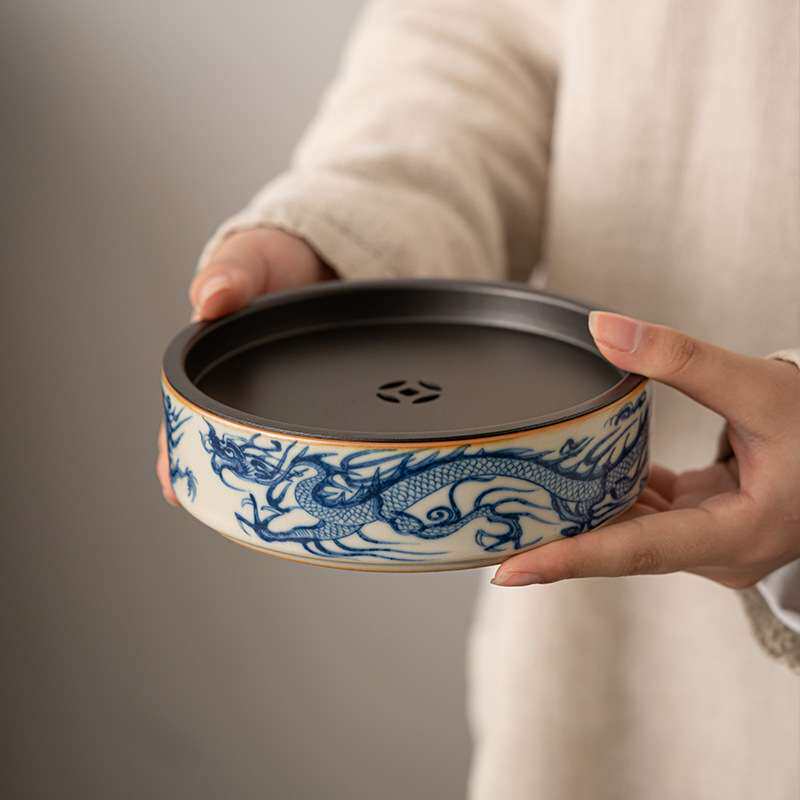 汝窑仿青花龙纹壶承合金干泡台开片紫砂壶养壶垫壶托储水茶具配件