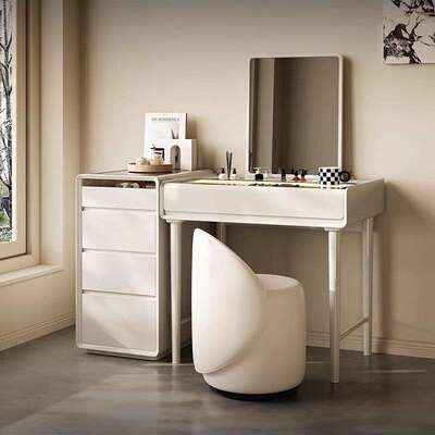 化妆桌奶油简约风家具灯光设计师梳妆台卧室实木现代收纳柜梦鹿带