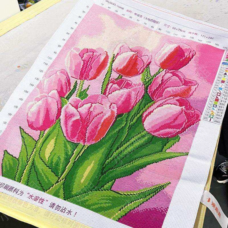 郁金香十字绣成品不带框纯手工出售已绣好2025新款客厅高端花卉