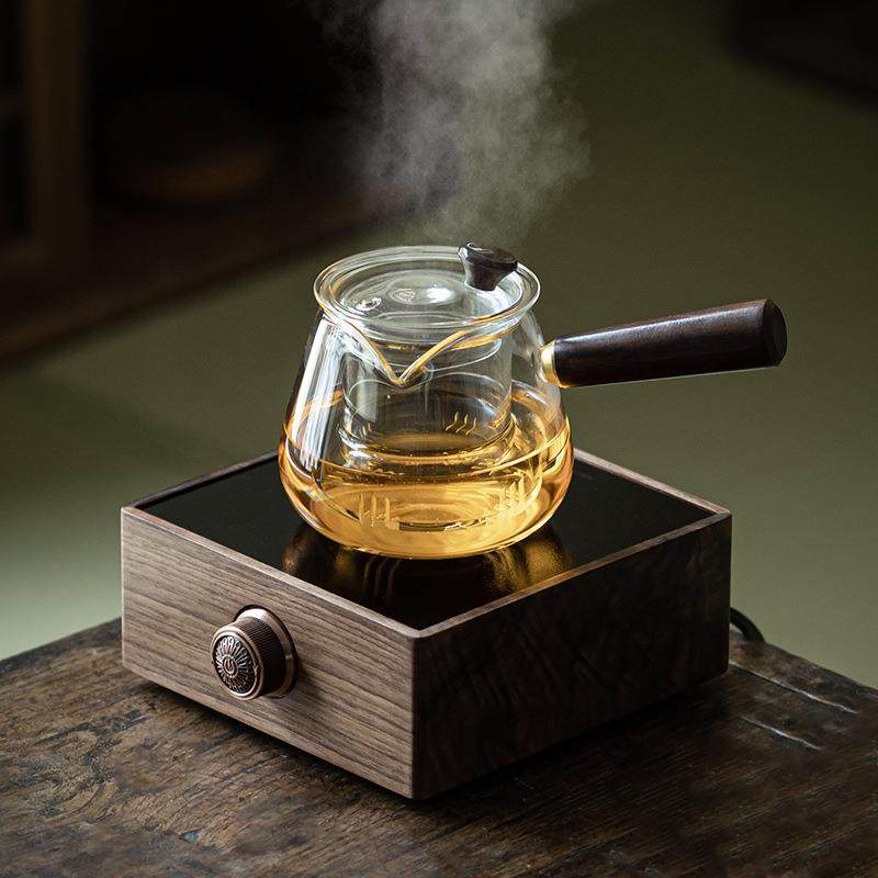 胡桃木电陶炉家用耐高温加厚加热玻璃煮茶壶茶水分离煮茶器侧把壶