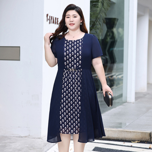 Q大码女装拼接雪纺连衣裙女夏季新款洋气宽松遮肉裙子胖妈妈200斤