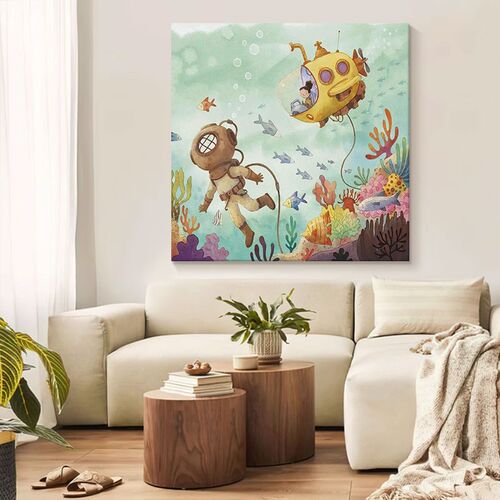 儿童房海底世界手绘油画客厅卡通潜艇装饰画玄关卧室小众艺术挂画