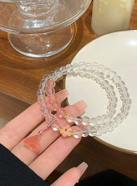 独爱怜~超仙甜美清新温柔白水晶双圈手链新中式优化粉晶莲蓬手串
