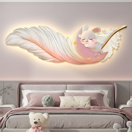 羽毛房间女孩壁画简约卡通轻奢挂画现代装饰画带灯led儿童房卧室