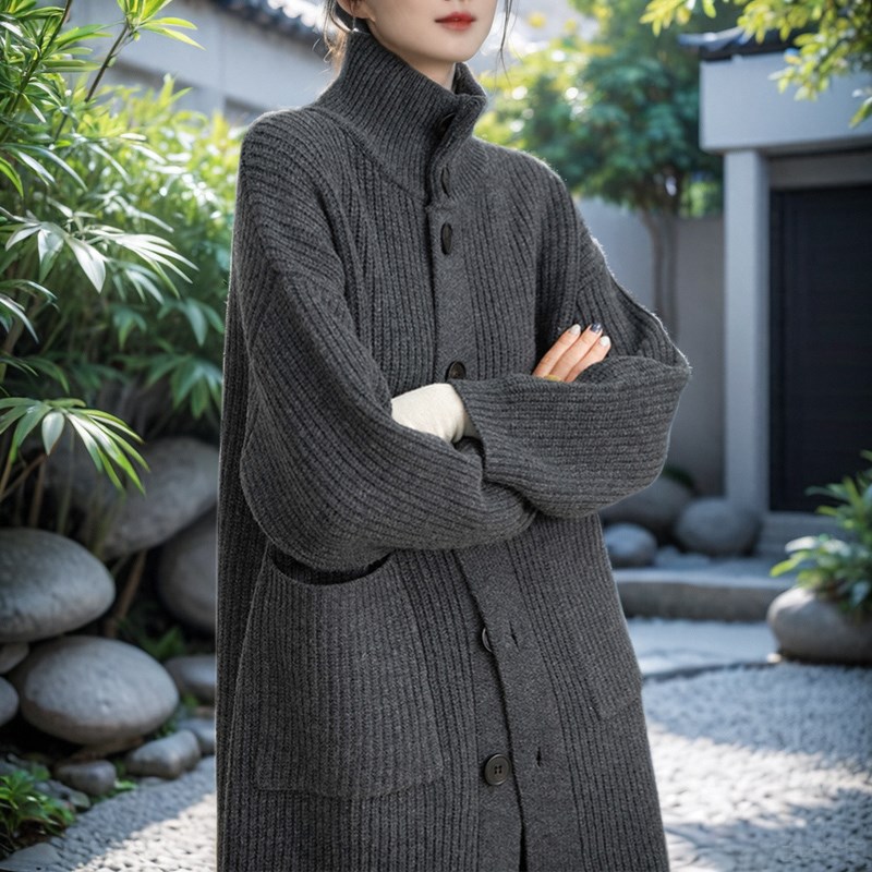 欧版宽松慵懒风针织外套大衣女高领中长款开衫灰色羊毛衫毛衣加厚