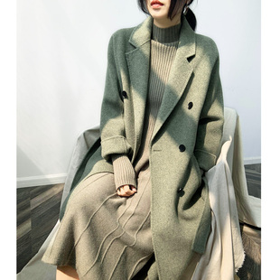 果绿色阿尔巴卡双面羊绒呢子大衣女中长款双排扣系带显瘦羊毛外套
