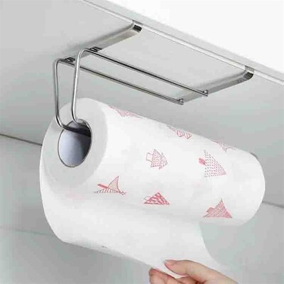 朴房 304不锈钢免打孔门柜下悬纸巾支架厨房纸架保险膜霜山抹布架