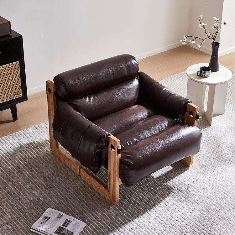 设计师单人沙发椅卧室书房复古油蜡皮中古风实木泽西岛休闲椅