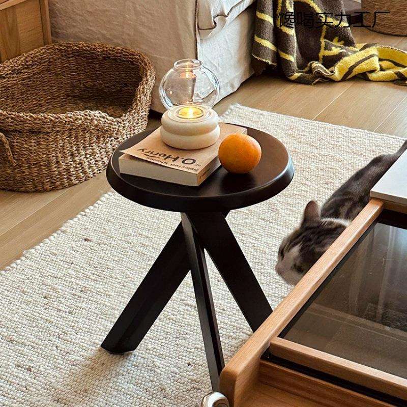 黑色实木小茶边几沙发圆桌子床头柜中复古风法式矮置物架客厅阳台