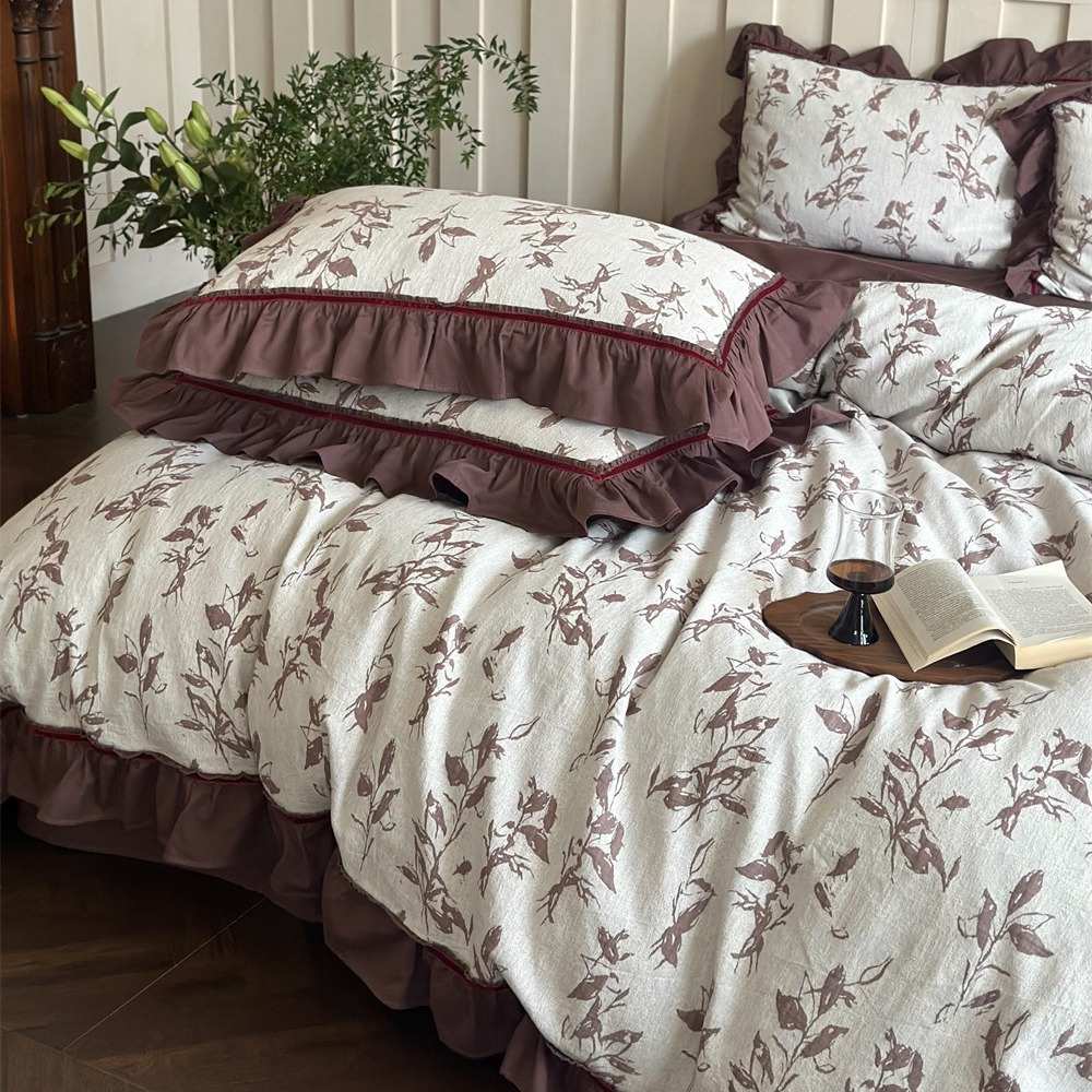 高级复古风全棉磨毛花边四件套植物被套床单50支长绒棉提花床品