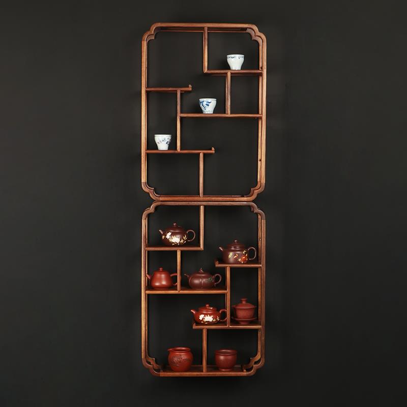 7W北美黑胡桃木挂墙多宝阁茶杯摆件收纳置物架中式实木壁挂式X20