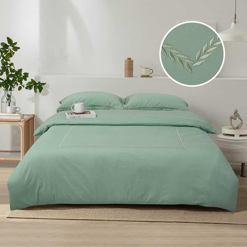 50支纯棉磨毛四件套秋冬季加厚重工刺绣纯色长绒棉被套床单