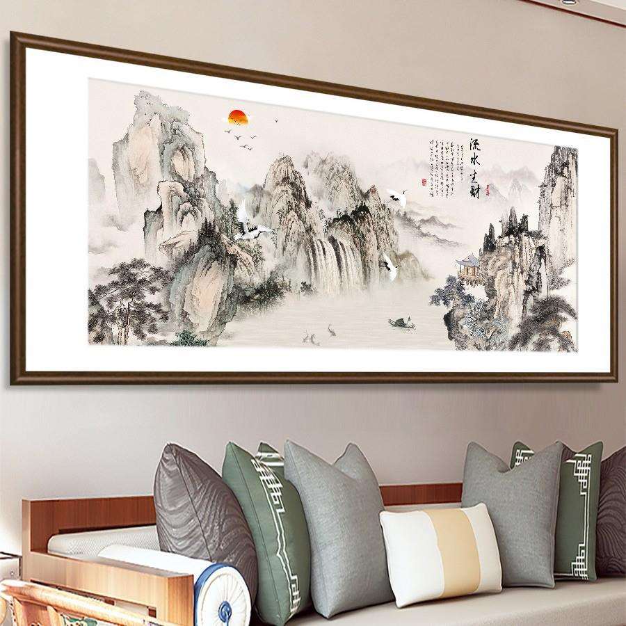 流水生财山水画客厅茶室茶台装饰画老板办公室沙发中式挂画靠山图