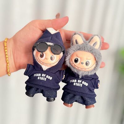 labubu四代娃衣10cm迷你拉BUBU4.0衣服深蓝连帽卫衣小布4代小鼻嘎