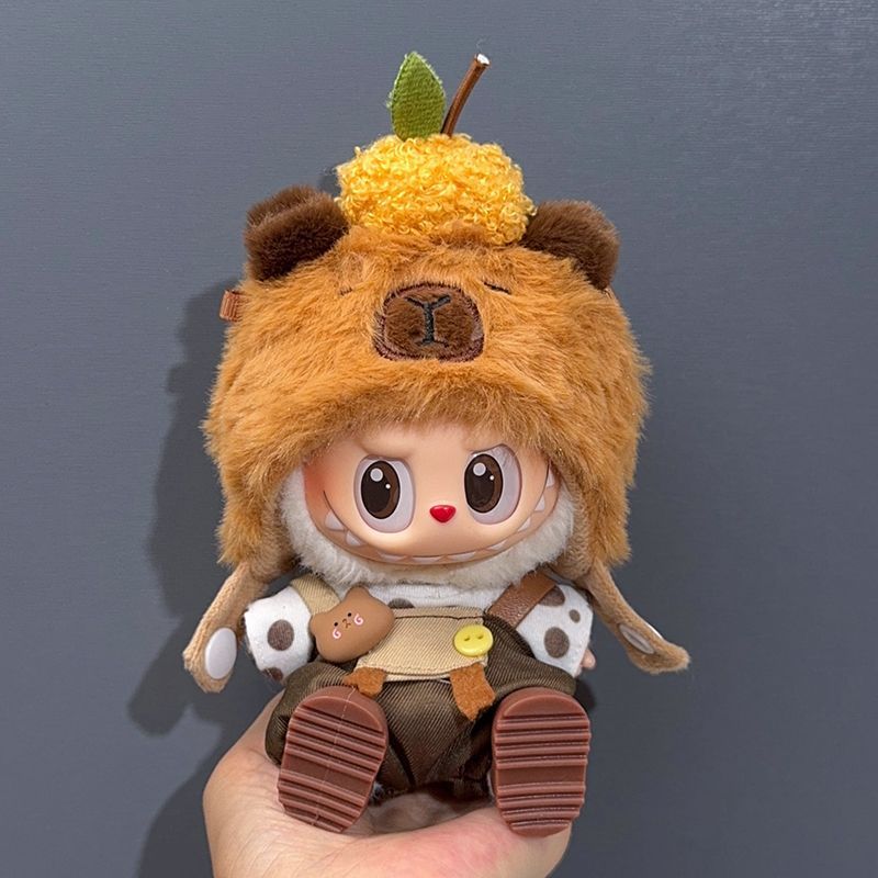 拉布布娃衣新款17cm毛绒玩具labubu坐姿换装背带裤帽子套装10cm娃