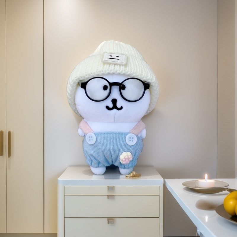 自嘲熊娃衣新款13cm衣服可爱针织帽子蓝背带裤套装毛绒玩具娃娃眼