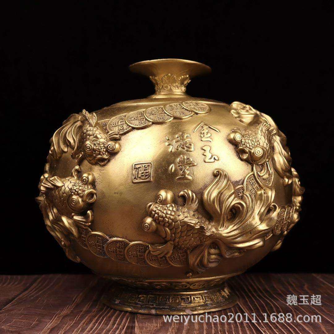 纯铜金玉满堂花瓶工艺品摆件花开富贵年年有余金鱼花瓶工艺品摆设