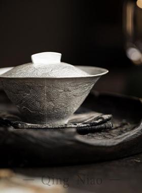 德化一瓢盖碗鎏金鎏银手抓泡茶碗家用日式薄胎二才茶碗泡茶不烫手