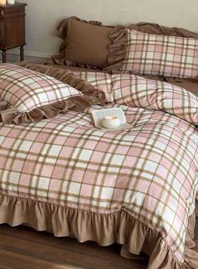时尚复古文艺绿色格子全棉双层纱四件套法式中古风花边被套床品
